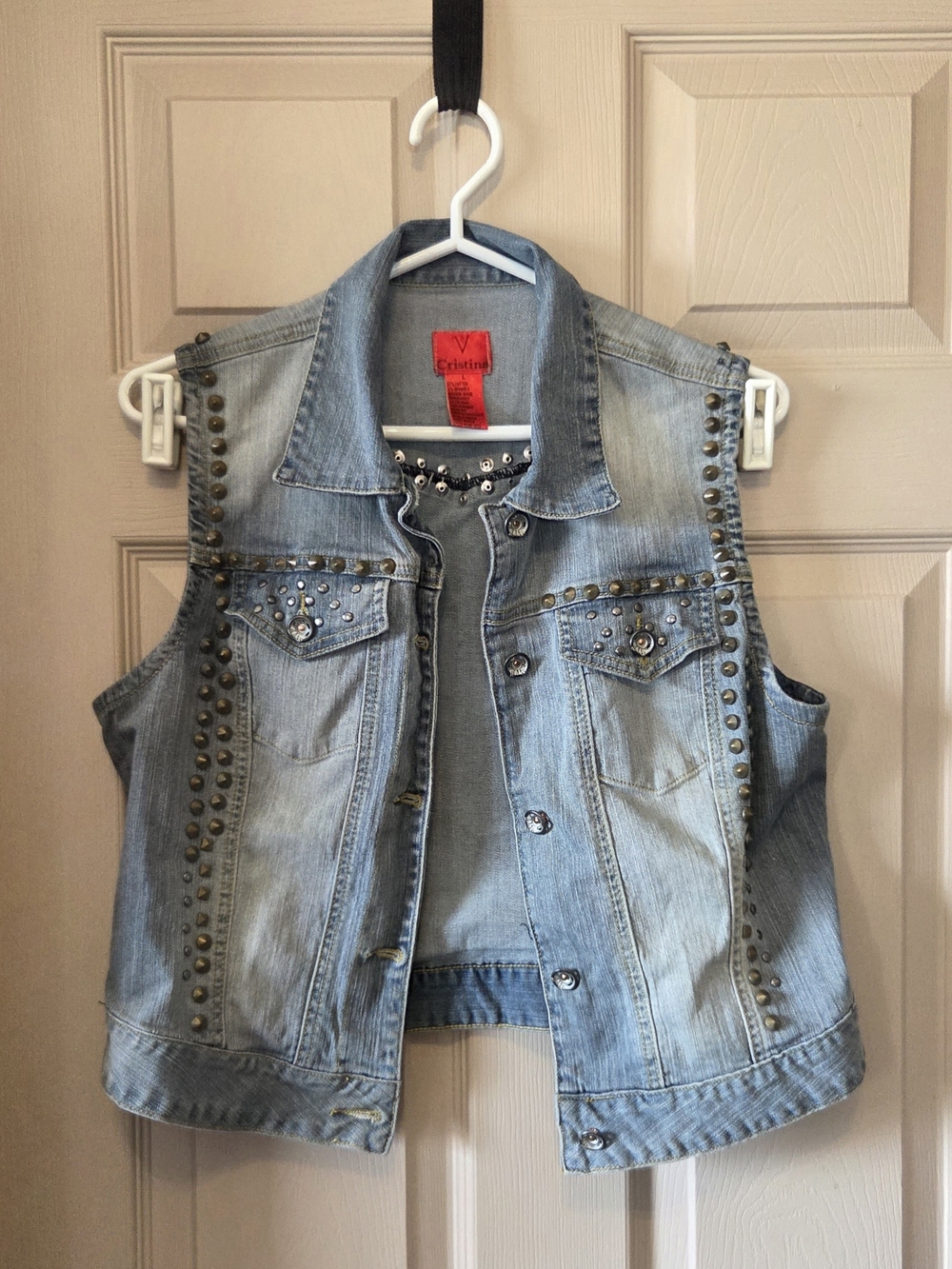 Edgy Light Wash Jean Vest With Studs